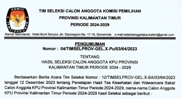 Hasil Seleksi calon anggota KPU Kaltim