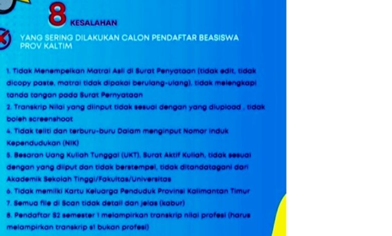 8 Kesalahan Umum Calon Pendaftar Beasiswa Kaltim. (Foto: tangkapan layar Disdikbud Kaltim, 26 Maret 2024)