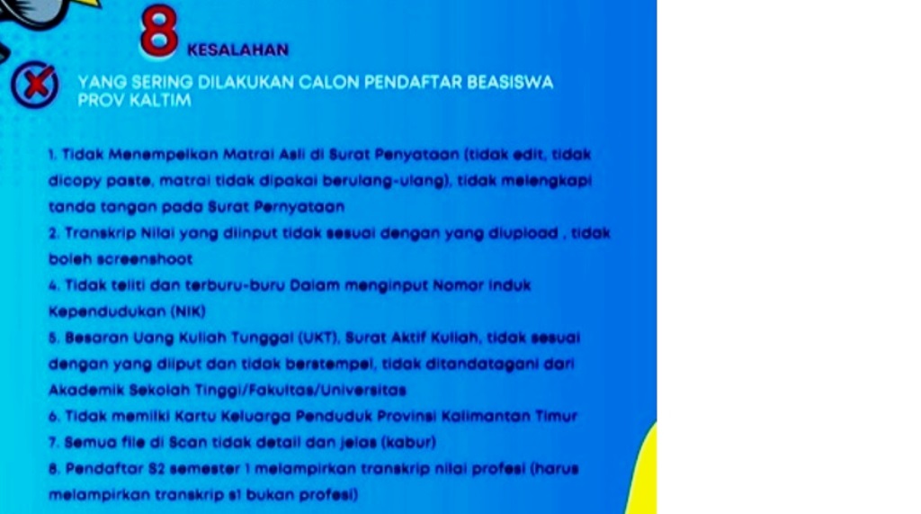 8 Kesalahan Umum Calon Pendaftar Beasiswa Kaltim. (Foto: tangkapan layar Disdikbud Kaltim, 26 Maret 2024)