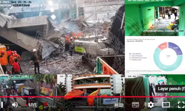 Live Evakuasi Korban Reruntuhan Bangunan Pondok Pesantren Al Khoziny Sidoarjo. (Foto: tangkapan layar Youtube Pemerintah Kabupaten Sidoarjo)